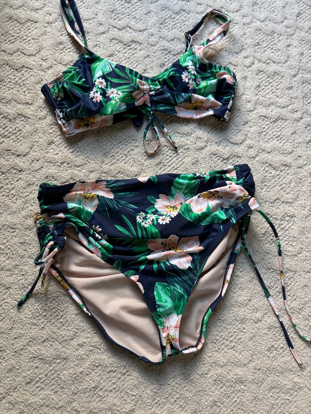 High-Waisted Floral Navy Bikini Set with Green Leaves